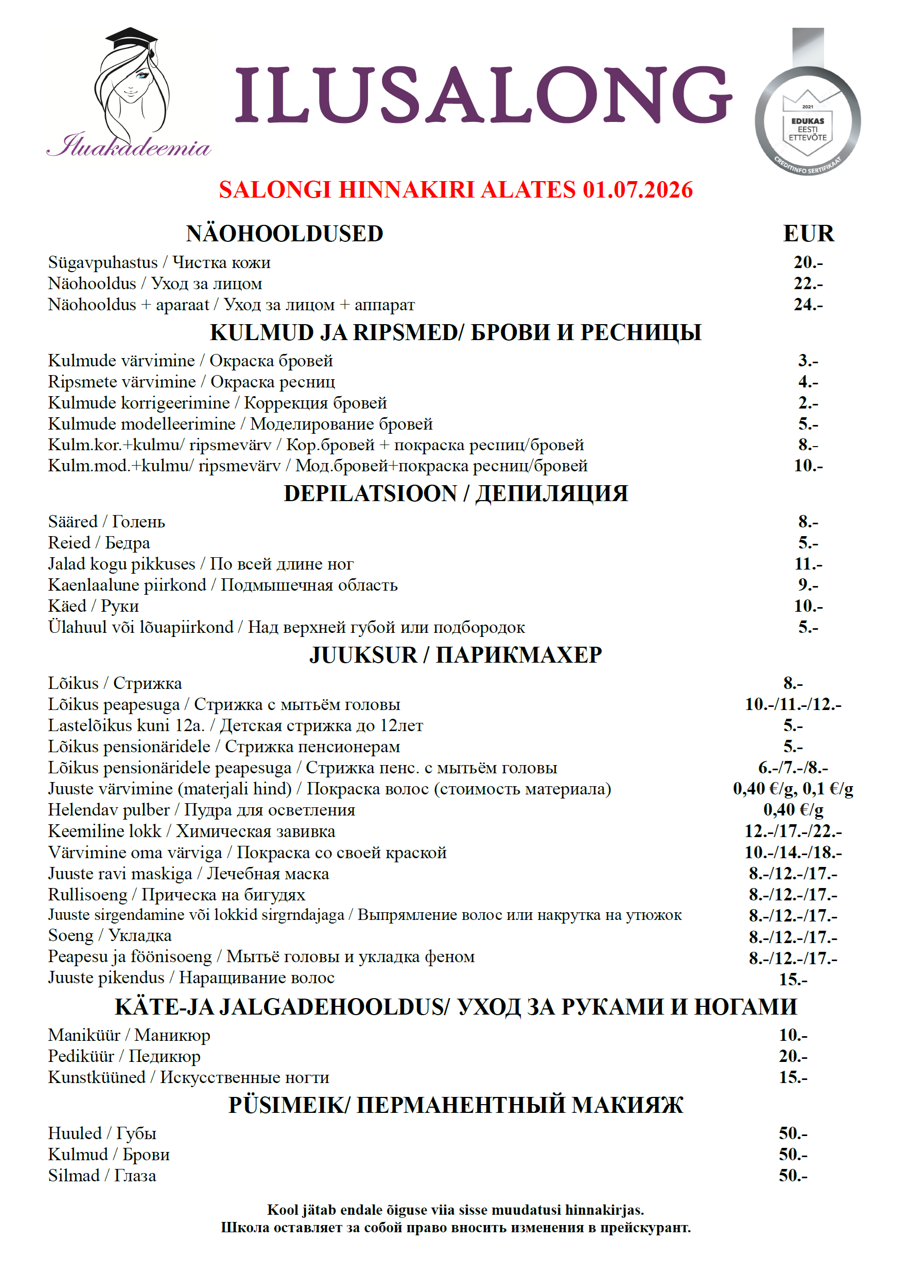 ÕPPESALONGI HINNAKIRI 2026